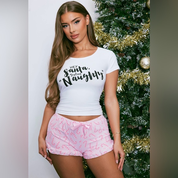 Fashion Nova Hey Santa Define Naughty Sexy Candy Cane Pajama PJ Top & Short Set - Picture 3 of 5
